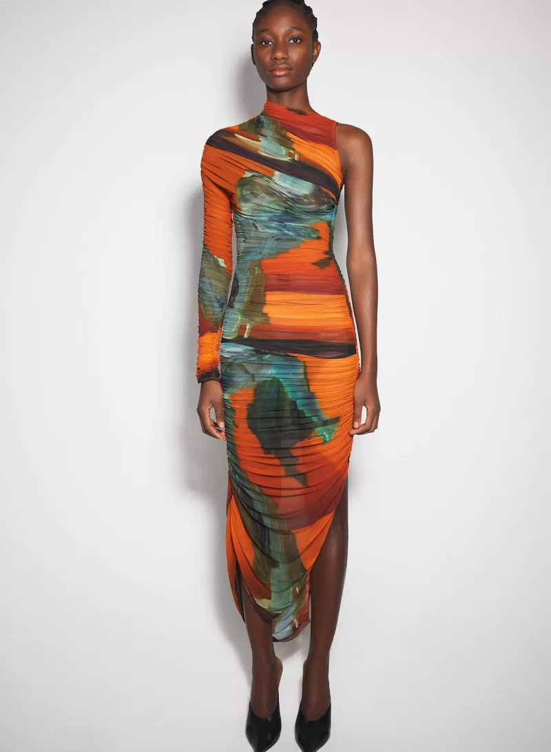 Outlet MUGLER Archive print asymmetrical mesh dress