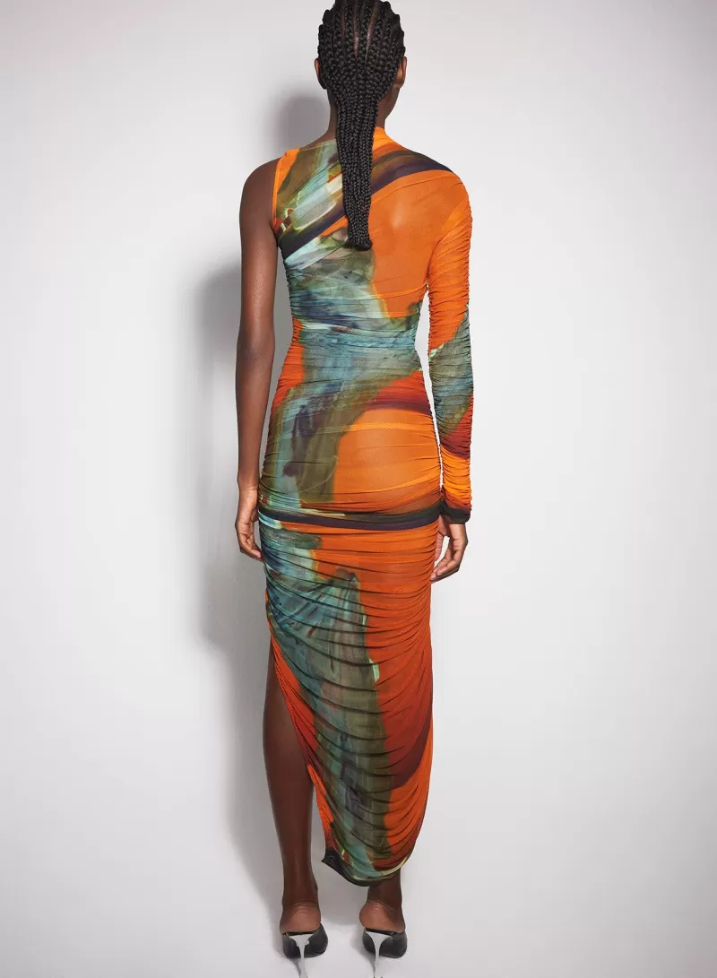 Outlet MUGLER Archive print asymmetrical mesh dress