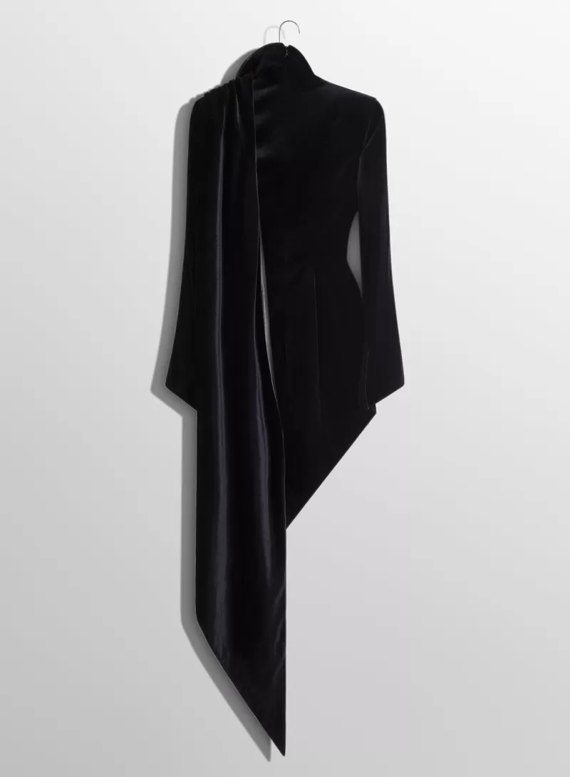 Sale MUGLER black asymmetrical velvet dress with leather collar
