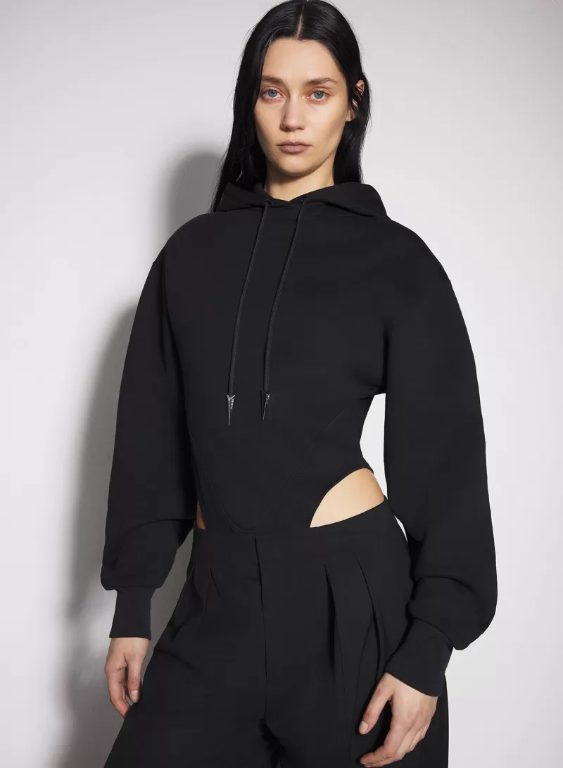 Cheap MUGLER black fleece hoodie bodysuit