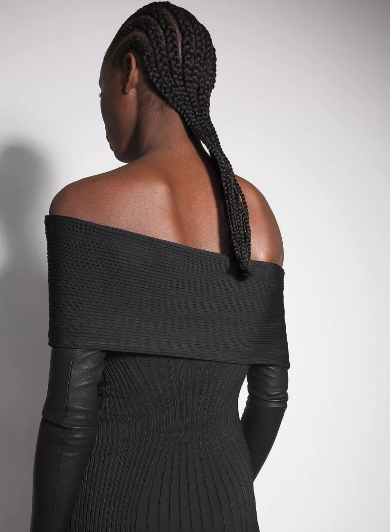 black_offshoulder_sculpting_knit_dress_3-1.webp Best Sale MUGLER black off-shoulder sculpting knit dress