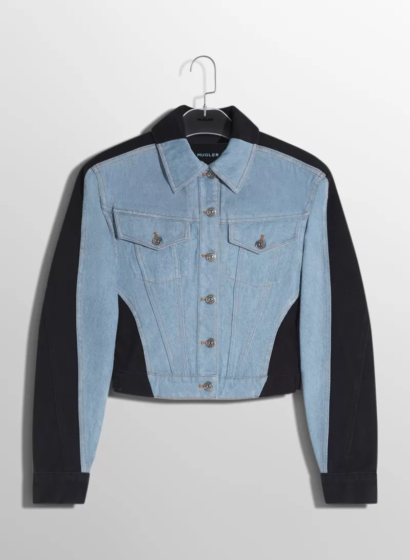 Shop MUGLER blue bi-color denim jacket