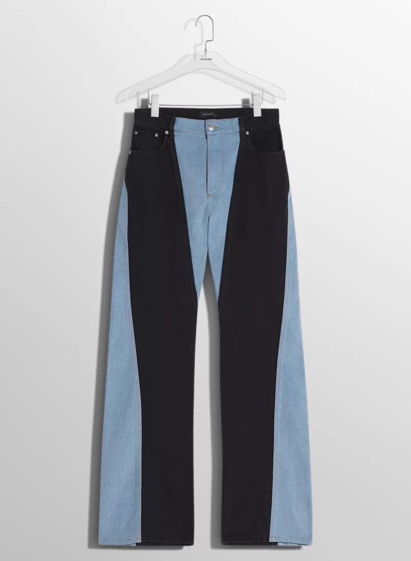 Shop MUGLER blue bi-color straight leg jeans