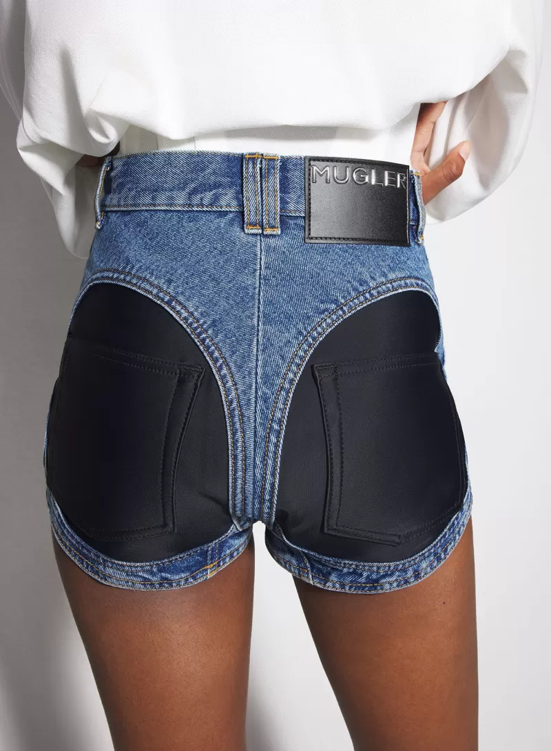Outlet MUGLER blue bi-material denim shorts