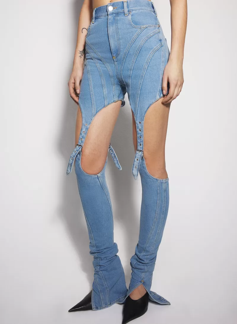 Clearance MUGLER blue buckled chaps skinny jeans