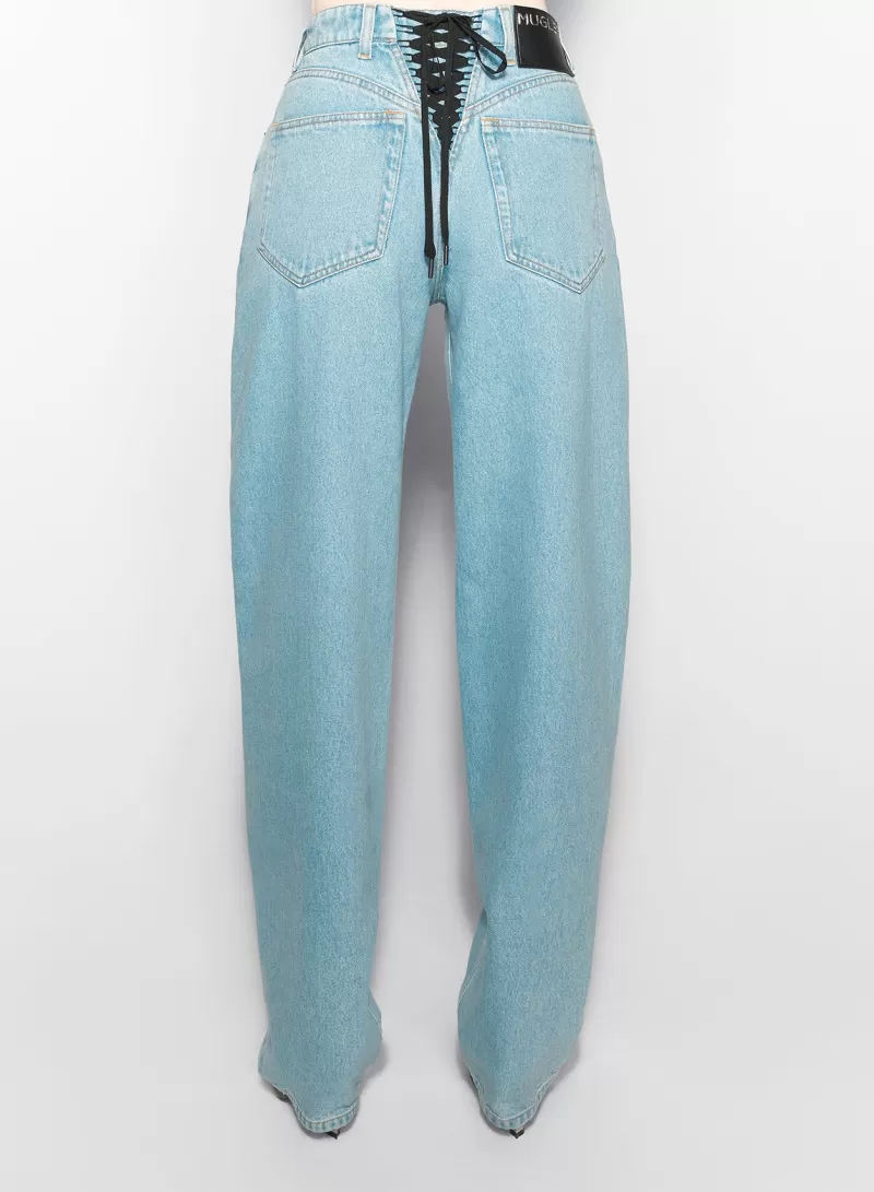Fashion MUGLER blue laced-up wide leg jeans