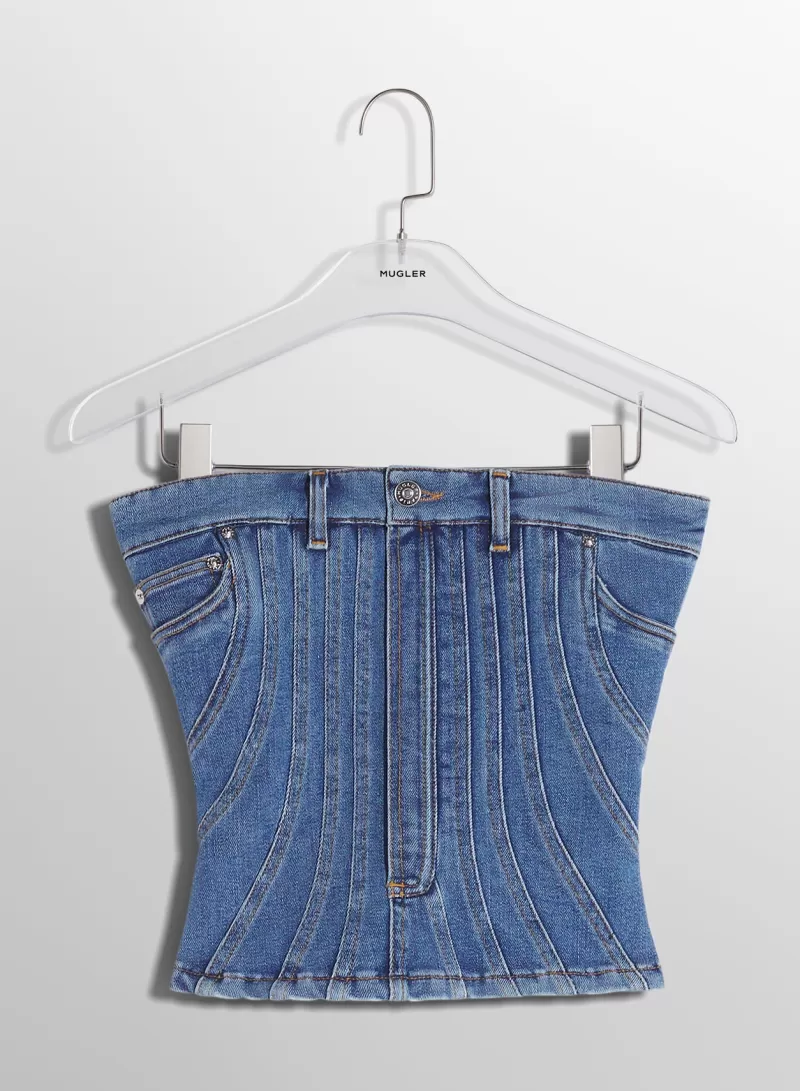 New MUGLER blue spiral denim bustier