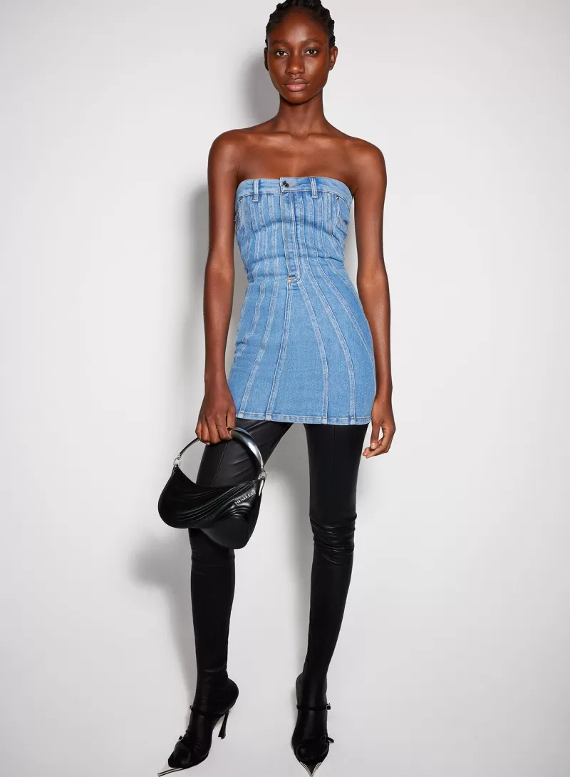 Discount MUGLER blue spiral denim bustier dress