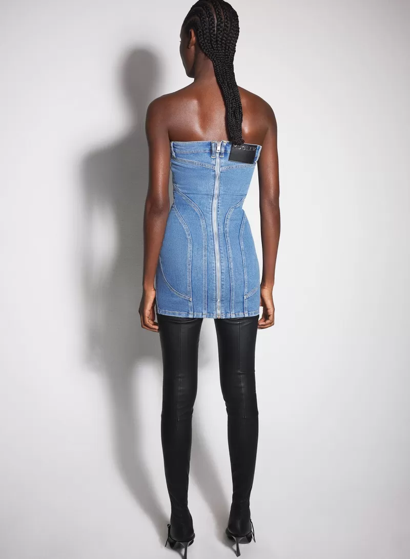 Discount MUGLER blue spiral denim bustier dress