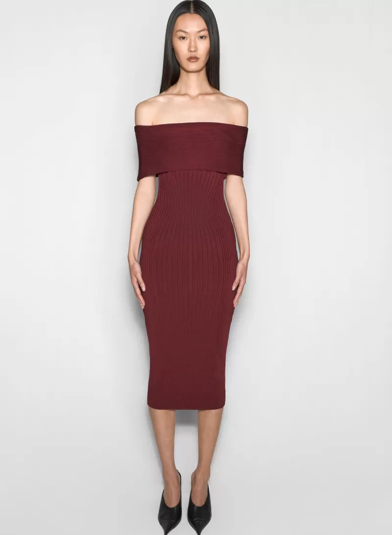 Discount MUGLER burgundy off-shoulder sculpting knit dress