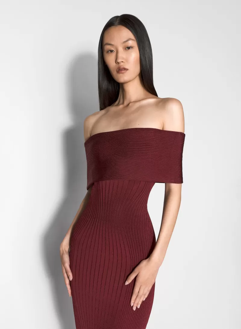 Discount MUGLER burgundy off-shoulder sculpting knit dress