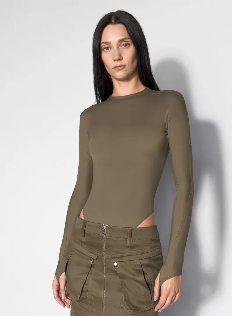 Cheap MUGLER khaki shoulder logo bodysuit