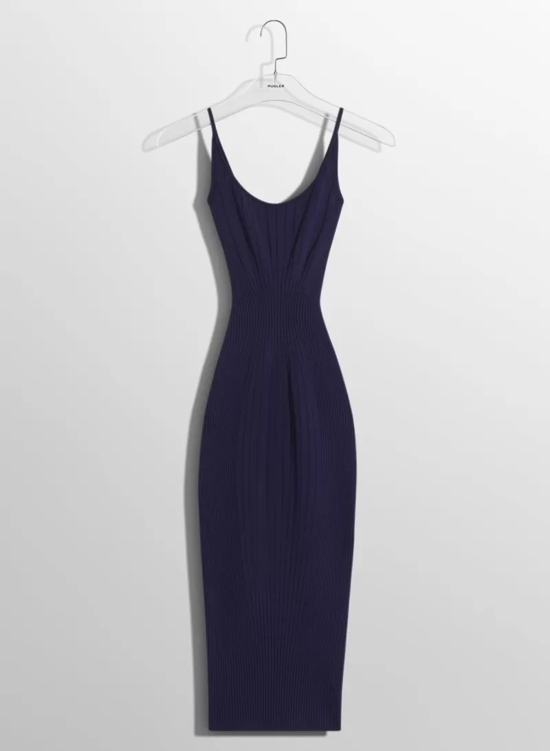 Hot MUGLER midnight blue sculpting knit dress