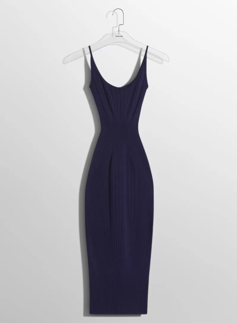 Hot MUGLER midnight blue sculpting knit dress