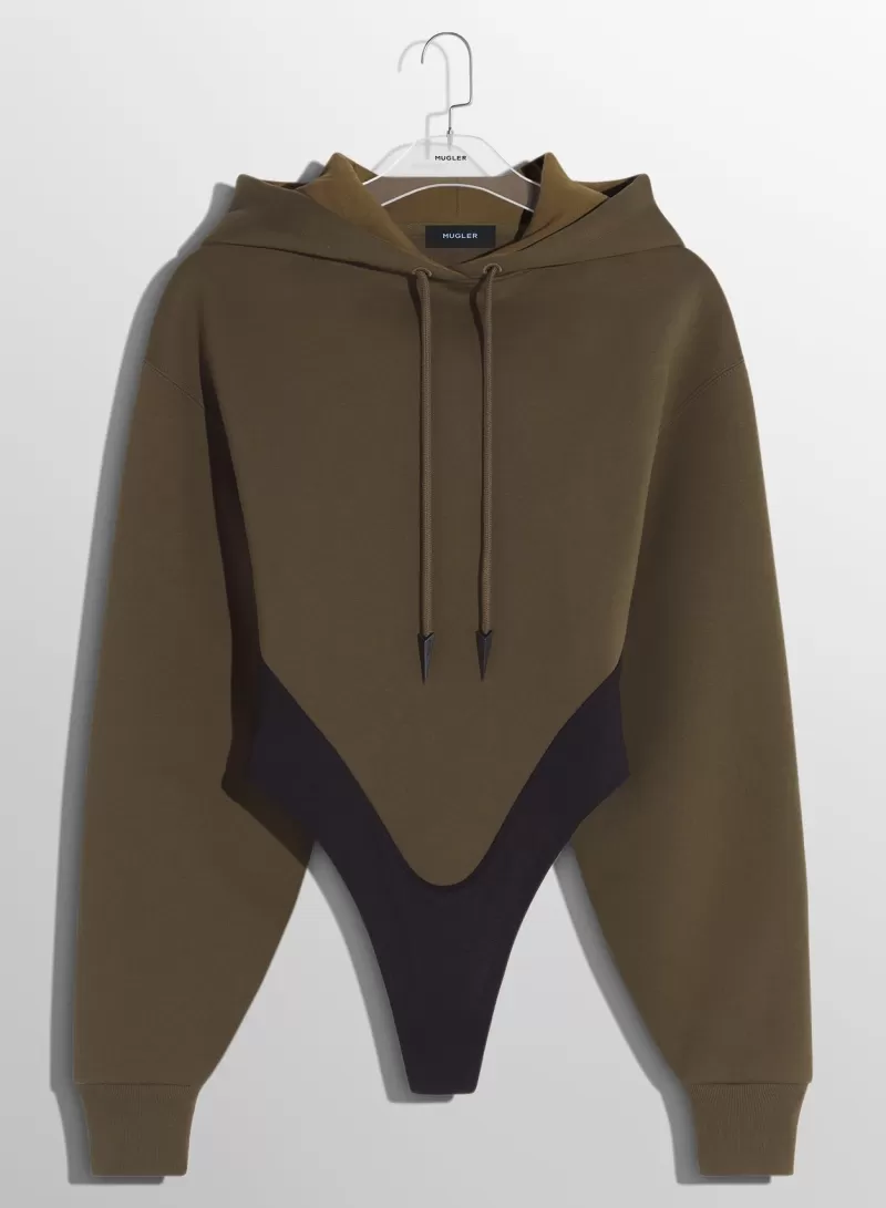 Fashion MUGLER Military green fleece hoodie bodysuit