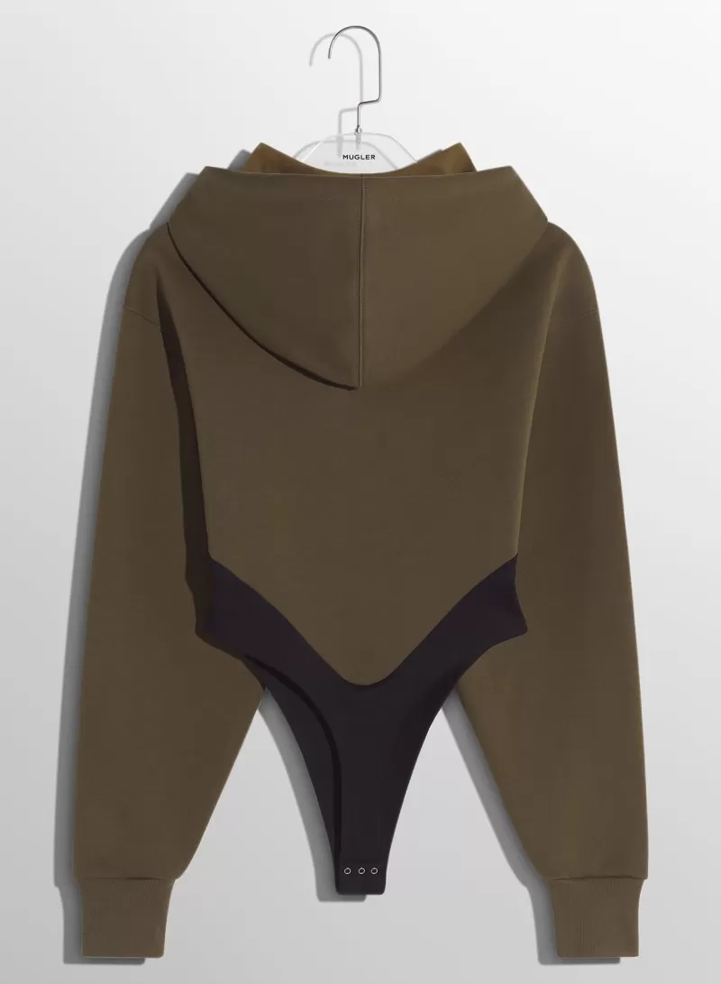 Fashion MUGLER Military green fleece hoodie bodysuit