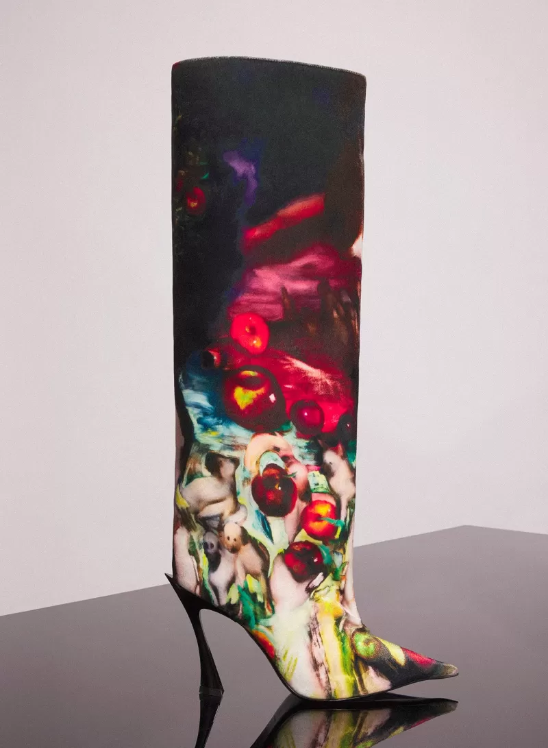 Shop MUGLER x Ambera Wellmann printed velvet fang 95 knee high boots