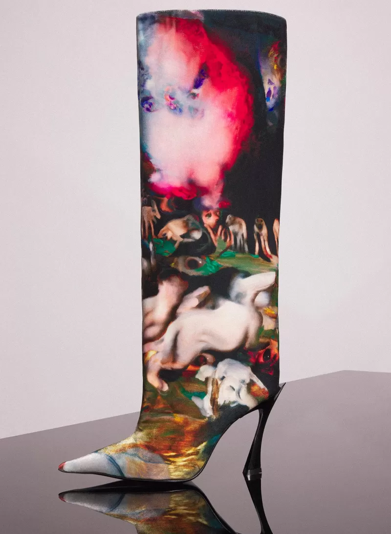 Shop MUGLER x Ambera Wellmann printed velvet fang 95 knee high boots