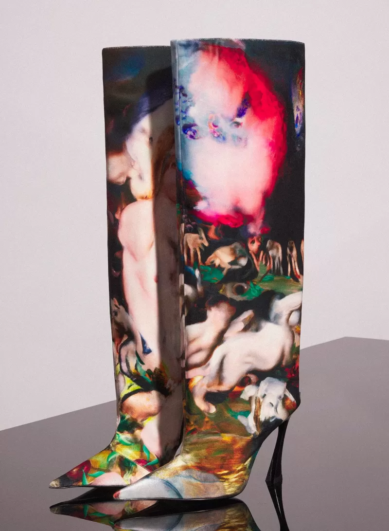 Shop MUGLER x Ambera Wellmann printed velvet fang 95 knee high boots