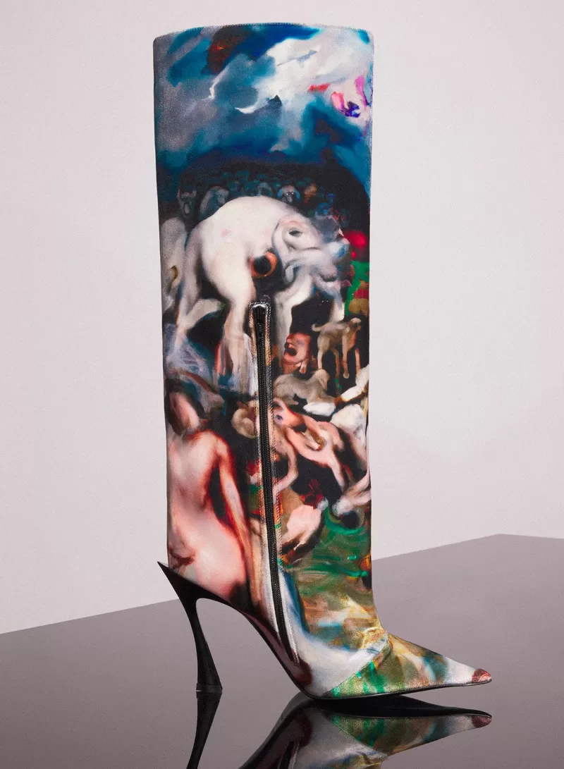 Shop MUGLER x Ambera Wellmann printed velvet fang 95 knee high boots