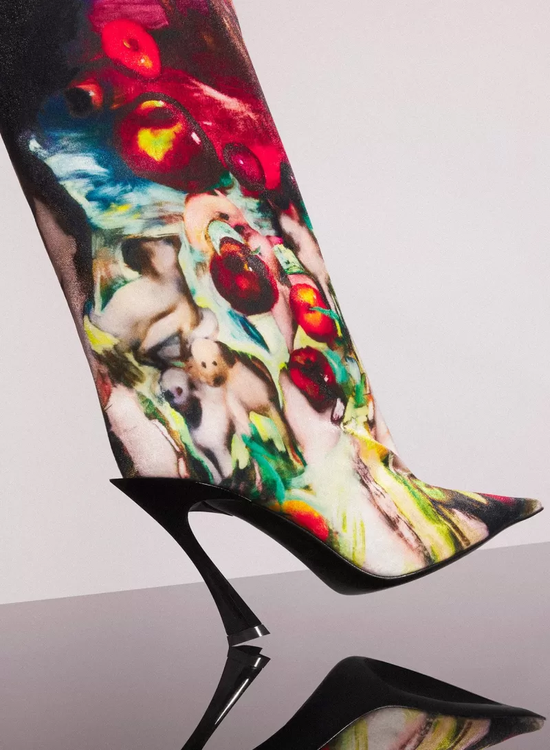 Shop MUGLER x Ambera Wellmann printed velvet fang 95 knee high boots