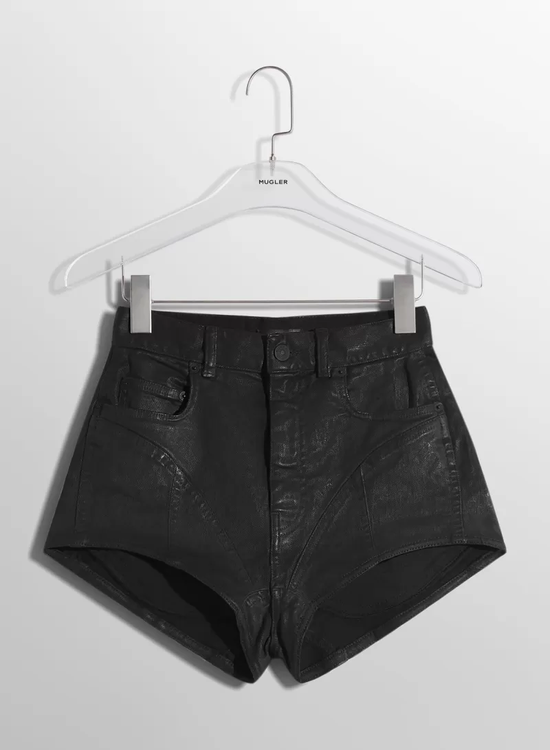 Store MUGLER raw blue bi-material denim shorts