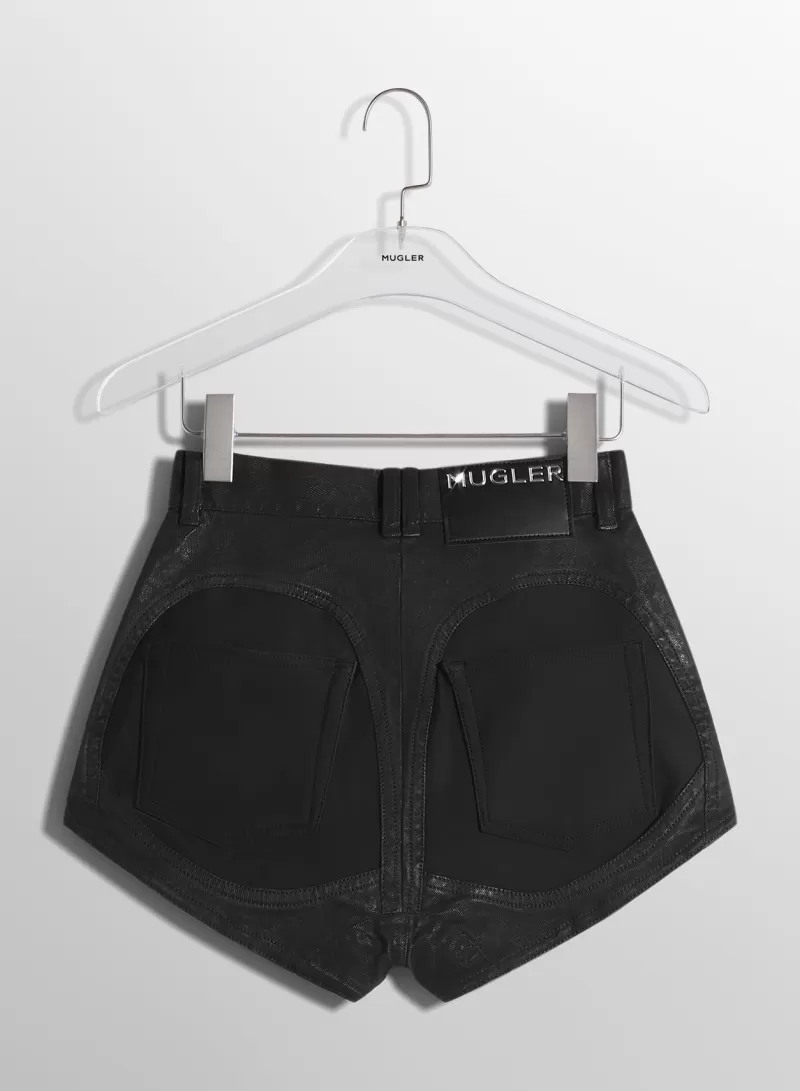 Store MUGLER raw blue bi-material denim shorts