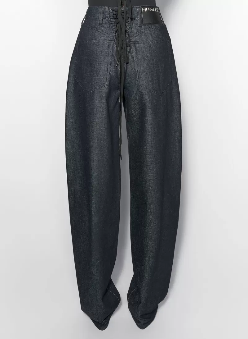 Clearance MUGLER raw blue laced-up wide leg jeans