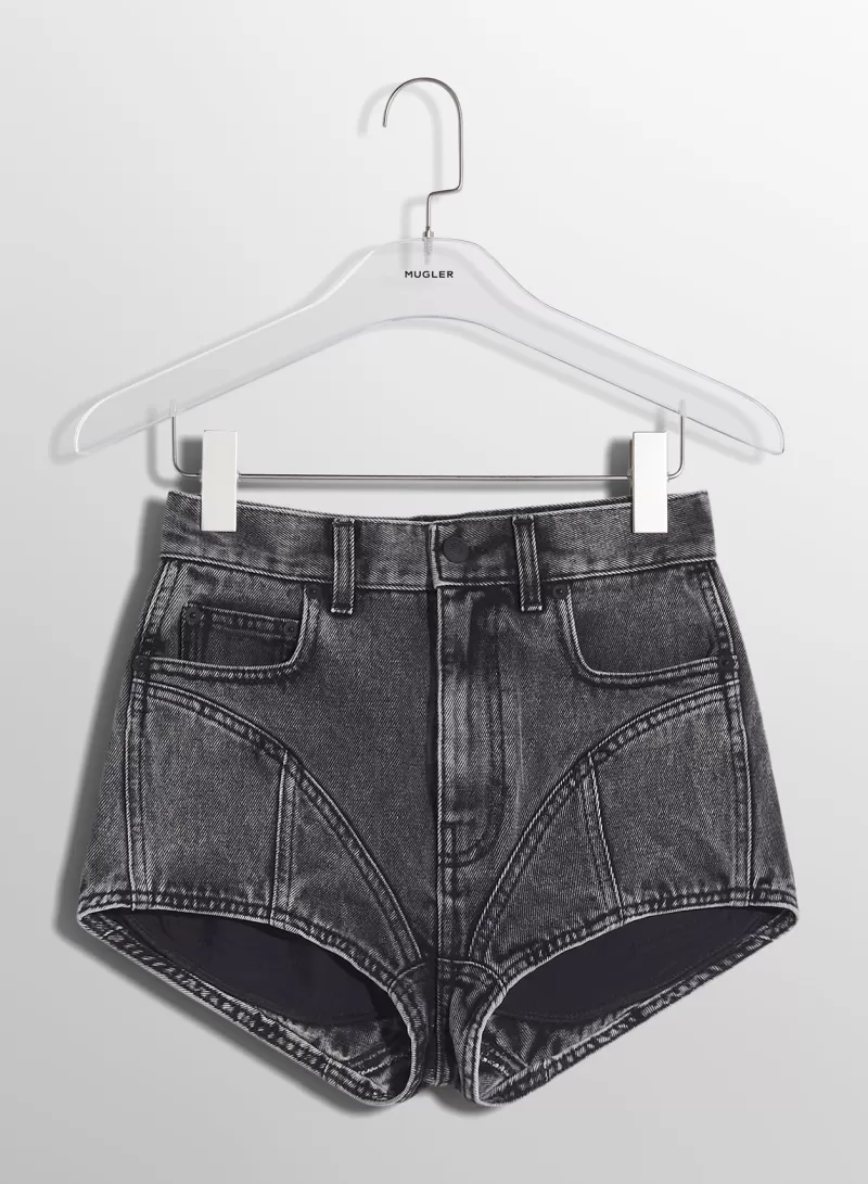 Sale MUGLER washed black bi-material denim shorts