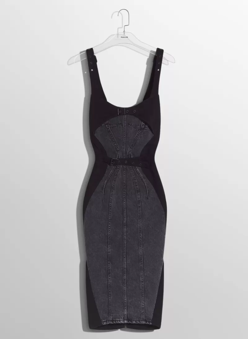 Shop MUGLER washed black buckled denim dress