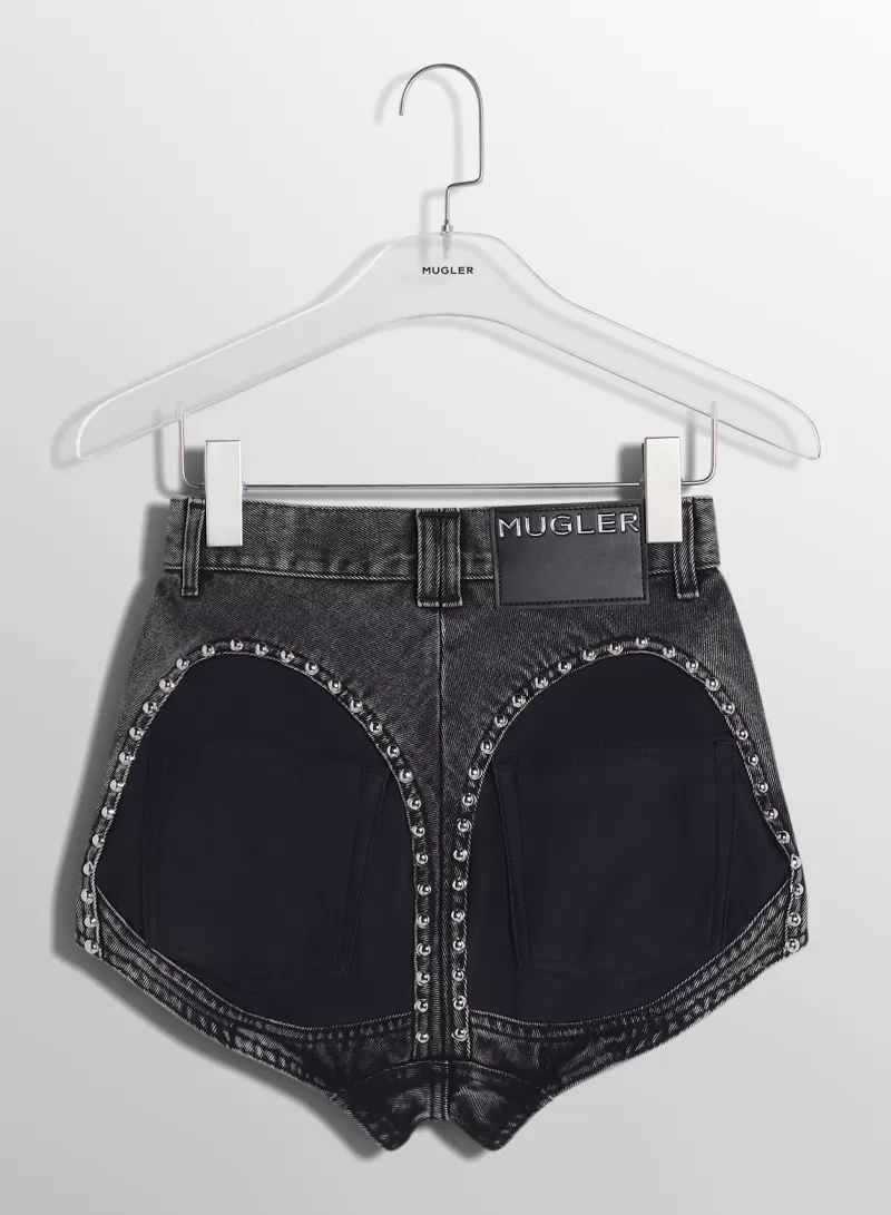 Clearance MUGLER washed black denim studded shorts