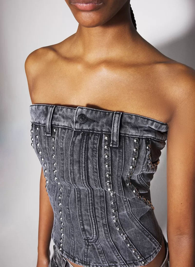 Outlet MUGLER washed black spiral denim studded bustier