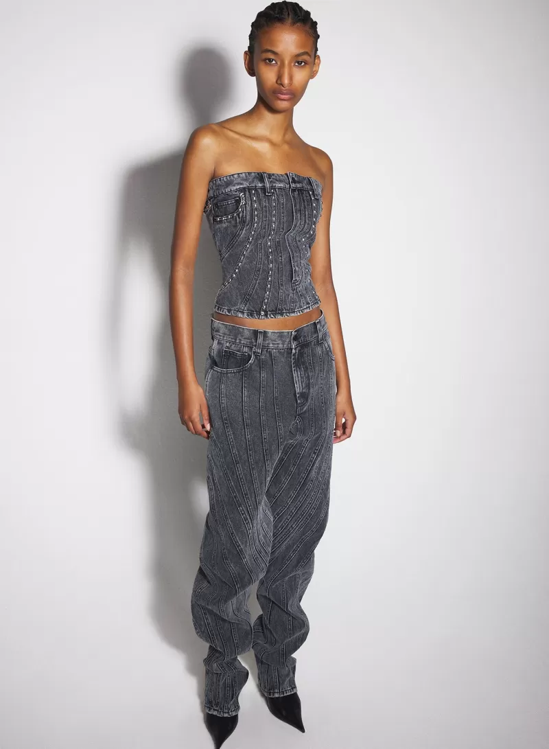 Outlet MUGLER washed black spiral denim studded bustier